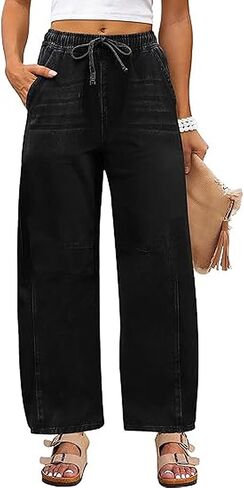 Women's Casual Denim Pants Loose Adjustable Drawstring Wide Leg Jeans Pants Washed Cropped Capri Pants with Pockets in Saudi Arabia