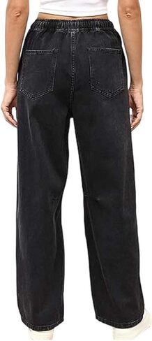 Women's Casual Denim Pants Loose Adjustable Drawstring Wide Leg Jeans Pants Washed Cropped Capri Pants with Pockets in Saudi Arabia