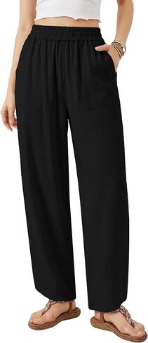 Womens Baggy Wide Leg Linen Pants Casual Elastic Waisted Palazzo Harem Pants Flowy Cropped Beach Trousers in Kuwait