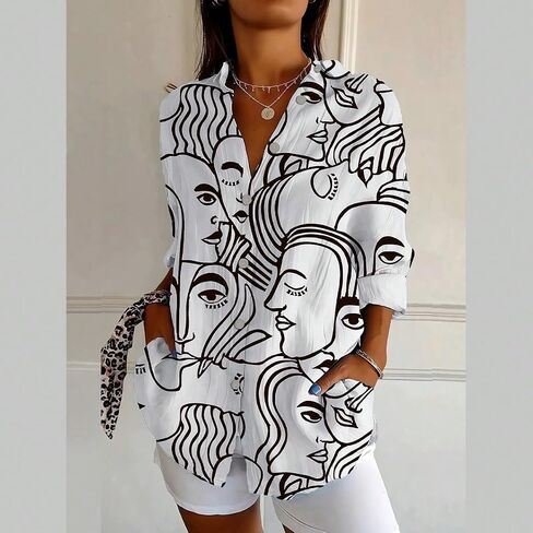 Women's Long Sleeve Blouse Fashion Floral Print Spring Summer Casual Loose Fit Tops Streetwear Style in Kuwait
