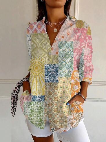 Women's Long Sleeve Blouse Fashion Floral Print Spring Summer Casual Loose Fit Tops Streetwear Style in Kuwait