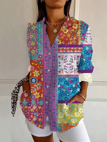 Women's Long Sleeve Blouse Fashion Floral Print Spring Summer Casual Loose Fit Tops Streetwear Style in Kuwait