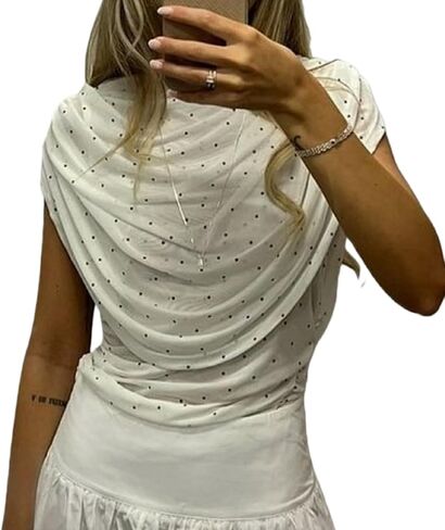 Women Draped Cape Top Short Sleeve Cowl Boat Neck Mesh Blouse Ruched Shirt Sheer Poncho Going Out Tops in Saudi Arabia