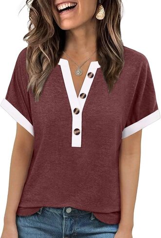 MixShe Tops for Women V Neck Short Sleeve Button Casual Contrast Trim Lightweight Shirts in Saudi Arabia