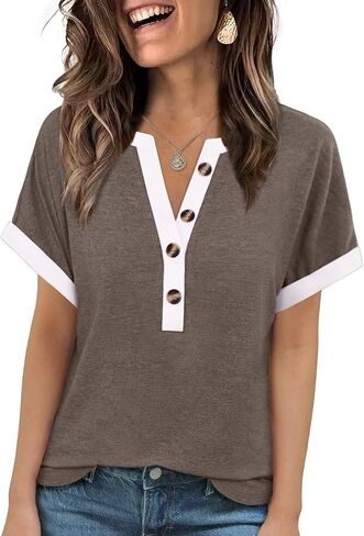 MixShe Tops for Women V Neck Short Sleeve Button Casual Contrast Trim Lightweight Shirts in Saudi Arabia