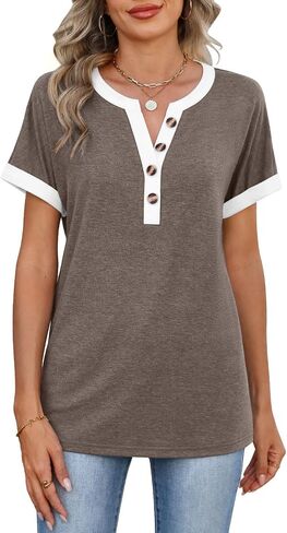 MixShe Tops for Women V Neck Short Sleeve Button Casual Contrast Trim Lightweight Shirts in Saudi Arabia