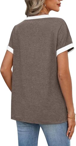 MixShe Tops for Women V Neck Short Sleeve Button Casual Contrast Trim Lightweight Shirts in Saudi Arabia