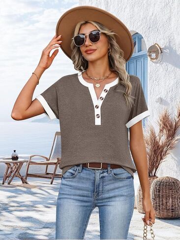 MixShe Tops for Women V Neck Short Sleeve Button Casual Contrast Trim Lightweight Shirts in Saudi Arabia