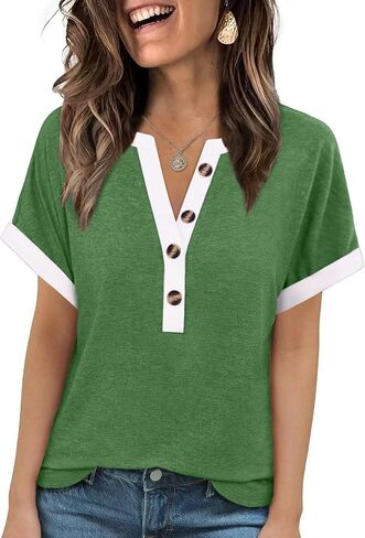 MixShe Tops for Women V Neck Short Sleeve Button Casual Contrast Trim Lightweight Shirts in Saudi Arabia