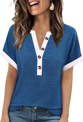MixShe Tops for Women V Neck Short Sleeve Button Casual Contrast Trim Lightweight Shirts in Saudi Arabia