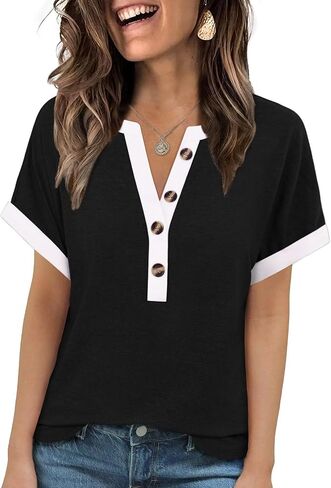 MixShe Tops for Women V Neck Short Sleeve Button Casual Contrast Trim Lightweight Shirts in Saudi Arabia