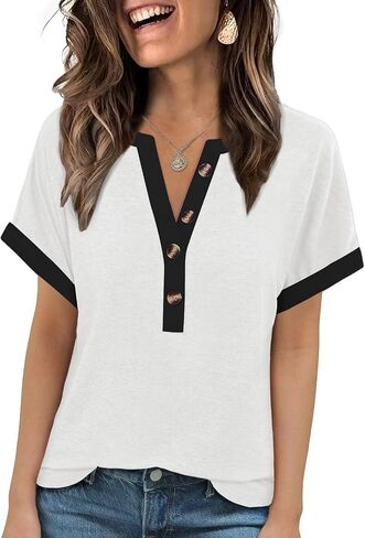 MixShe Tops for Women V Neck Short Sleeve Button Casual Contrast Trim Lightweight Shirts in Saudi Arabia
