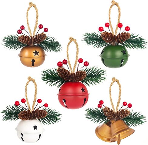 5 Pack Rustic Christmas Bell Ornaments with Pinecones & Berries - Metallic Hanging Decor for Christmas Tree,Mantel,Home (Green,Gold,Red,White) in Saudi Arabia