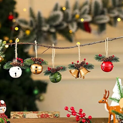 5 Pack Rustic Christmas Bell Ornaments with Pinecones & Berries - Metallic Hanging Decor for Christmas Tree,Mantel,Home (Green,Gold,Red,White) in Saudi Arabia
