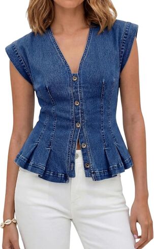 Womens Denim Vest Top Trendy Cap Sleeve Button Down Jean Tank Tops Summer Y2k Pleated Western Denim Crop Waistcoat in Saudi Arabia