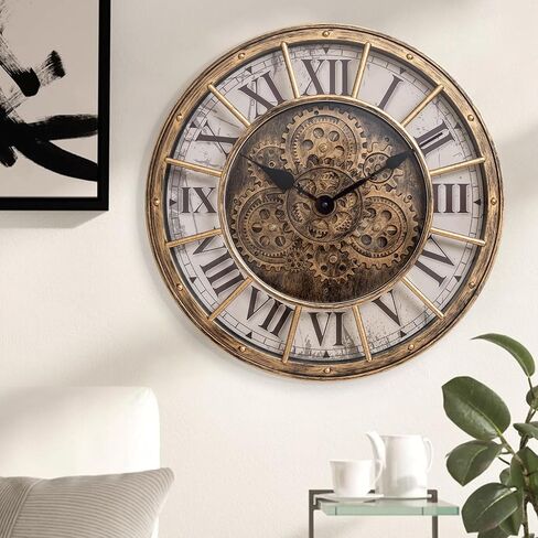 Moving Gears Wall Clock, 18 Inch Modern Gear Rotating Wall Clock Old Style Rustic Unique Vintage Industrial Clock for Living Room Decor Home Farmhouse (Retro Copper) in Saudi Arabia