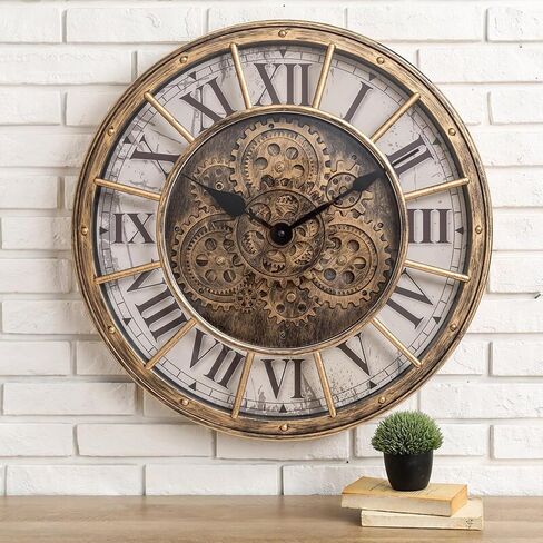 Moving Gears Wall Clock, 18 Inch Modern Gear Rotating Wall Clock Old Style Rustic Unique Vintage Industrial Clock for Living Room Decor Home Farmhouse (Retro Copper) in Saudi Arabia
