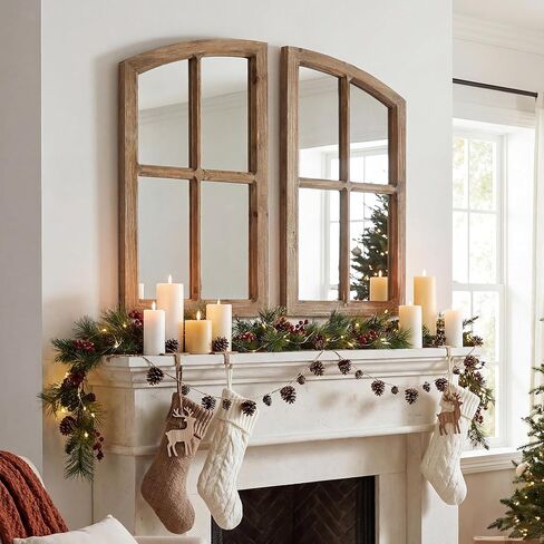 Farmhouse Arched Window Wall Mirrors with Rustic Wood Frame, Decorative Mirror Panels for Living Room, Bedroom, Entryway Wall Décor, Set of 2 (15" W x 27" H) in Saudi Arabia