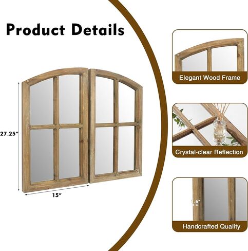 Farmhouse Arched Window Wall Mirrors with Rustic Wood Frame, Decorative Mirror Panels for Living Room, Bedroom, Entryway Wall Décor, Set of 2 (15" W x 27" H) in Saudi Arabia