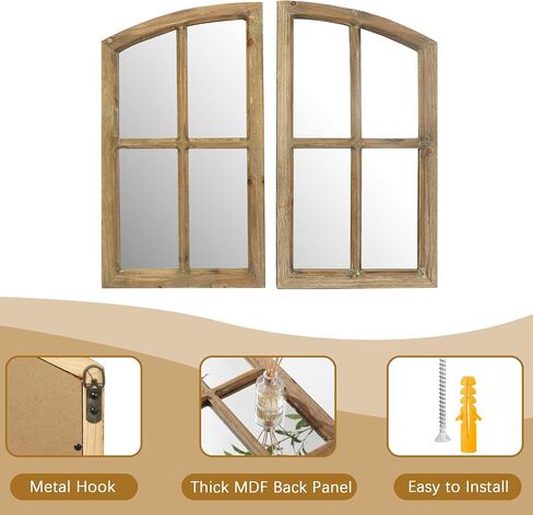 Farmhouse Arched Window Wall Mirrors with Rustic Wood Frame, Decorative Mirror Panels for Living Room, Bedroom, Entryway Wall Décor, Set of 2 (15" W x 27" H) in Saudi Arabia