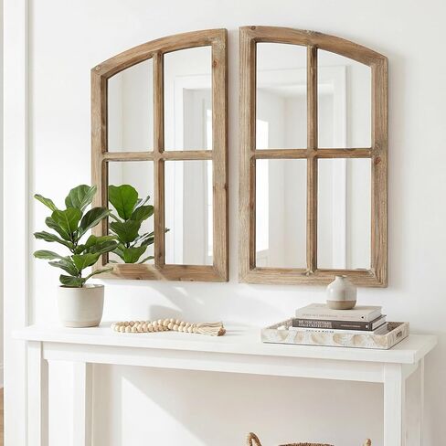 Farmhouse Arched Window Wall Mirrors with Rustic Wood Frame, Decorative Mirror Panels for Living Room, Bedroom, Entryway Wall Décor, Set of 2 (15" W x 27" H) in Saudi Arabia