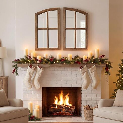 Farmhouse Arched Window Wall Mirrors with Rustic Wood Frame, Decorative Mirror Panels for Living Room, Bedroom, Entryway Wall Décor, Set of 2 (15" W x 27" H) in Saudi Arabia