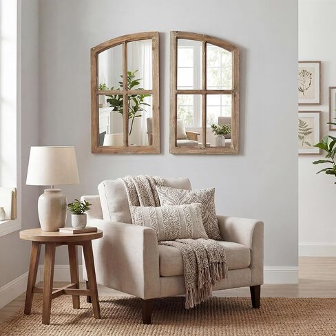 Farmhouse Arched Window Wall Mirrors with Rustic Wood Frame, Decorative Mirror Panels for Living Room, Bedroom, Entryway Wall Décor, Set of 2 (15" W x 27" H) in Saudi Arabia