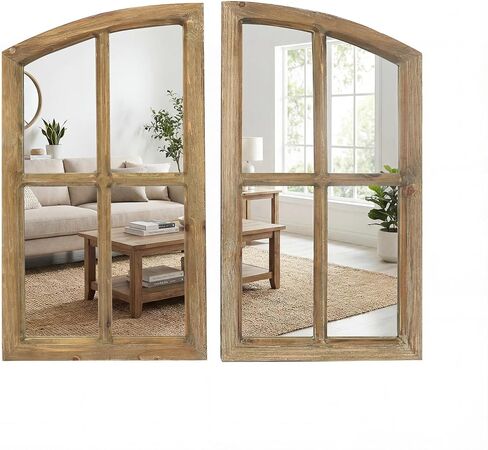 Farmhouse Arched Window Wall Mirrors with Rustic Wood Frame, Decorative Mirror Panels for Living Room, Bedroom, Entryway Wall Décor, Set of 2 (15" W x 27" H) in Saudi Arabia