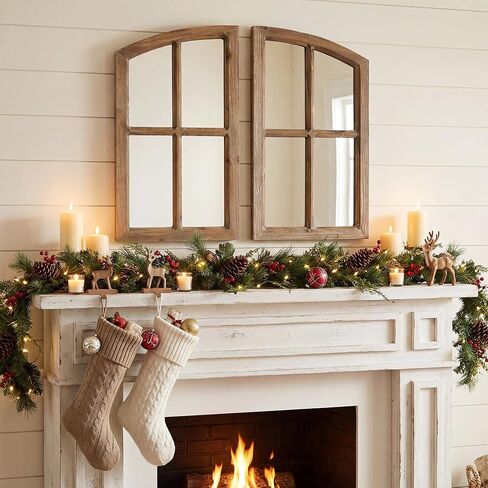 Farmhouse Arched Window Wall Mirrors with Rustic Wood Frame, Decorative Mirror Panels for Living Room, Bedroom, Entryway Wall Décor, Set of 2 (15" W x 27" H) in Saudi Arabia
