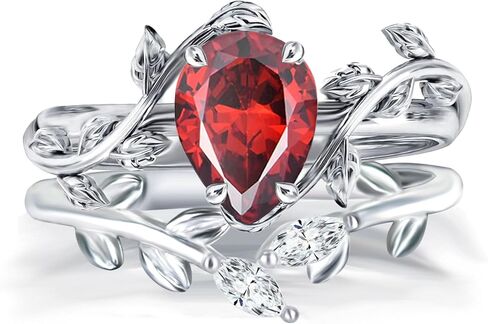 Wasee January Birthstone Ring Set 925 Sterling Silver Garnet Ring Set Pear Shaped Leaf Promise Ring for Her Birthday Anniversary Christmas Jewelry Gifts for Women,Ring Size 5 in Saudi Arabia