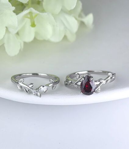 Wasee January Birthstone Ring Set 925 Sterling Silver Garnet Ring Set Pear Shaped Leaf Promise Ring for Her Birthday Anniversary Christmas Jewelry Gifts for Women,Ring Size 5 in Saudi Arabia