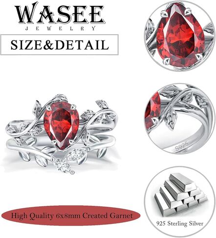 Wasee January Birthstone Ring Set 925 Sterling Silver Garnet Ring Set Pear Shaped Leaf Promise Ring for Her Birthday Anniversary Christmas Jewelry Gifts for Women,Ring Size 5 in Saudi Arabia