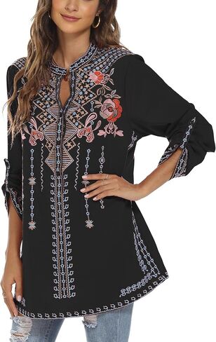 Women's V-Neck Bohemian Floral Embroidered Shirt Mexican Peasant Tops Long Sleeve Casual Loose Tunic Blouse in Saudi Arabia