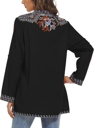 Women's V-Neck Bohemian Floral Embroidered Shirt Mexican Peasant Tops Long Sleeve Casual Loose Tunic Blouse in Saudi Arabia
