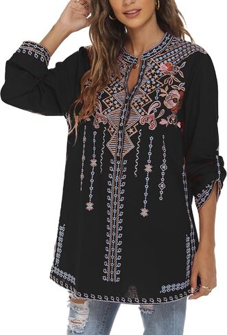 Women's V-Neck Bohemian Floral Embroidered Shirt Mexican Peasant Tops Long Sleeve Casual Loose Tunic Blouse in Saudi Arabia