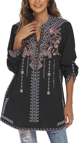 Women's V-Neck Bohemian Floral Embroidered Shirt Mexican Peasant Tops Long Sleeve Casual Loose Tunic Blouse in Saudi Arabia