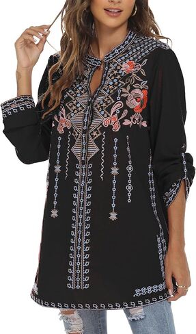 Women's V-Neck Bohemian Floral Embroidered Shirt Mexican Peasant Tops Long Sleeve Casual Loose Tunic Blouse in Saudi Arabia