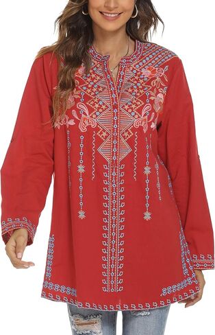 Women's V-Neck Bohemian Floral Embroidered Shirt Mexican Peasant Tops Long Sleeve Casual Loose Tunic Blouse in Saudi Arabia