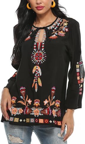 Women's V-Neck Bohemian Floral Embroidered Shirt Mexican Peasant Tops Long Sleeve Casual Loose Tunic Blouse in Saudi Arabia