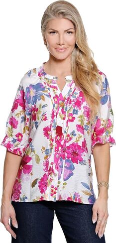 Ali Miles Women's Clothing | Woven Button Front Blouse Pleat Details Elbow Sleeve in Kuwait