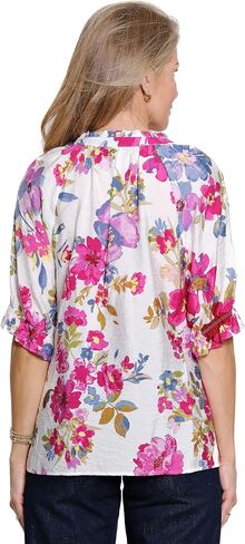 Ali Miles Women's Clothing | Woven Button Front Blouse Pleat Details Elbow Sleeve in Kuwait
