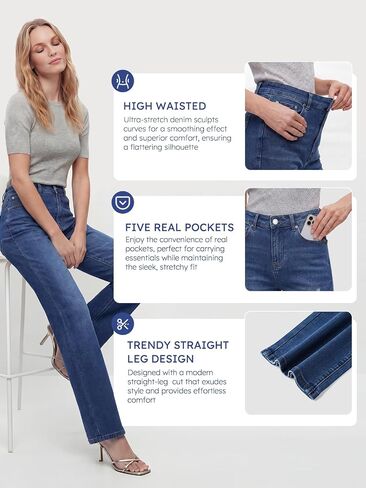 High Waisted Relaxed Straight Leg Jeans for Women, Stretch Denim Loose Fit Everyday Casual Pants in Saudi Arabia