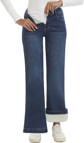 Fleece Lined Jeans Women High Waisted Stretchy Warm Winter Thermal Pants Thick Bell Bottom Wide Leg Jeans Woman in Kuwait