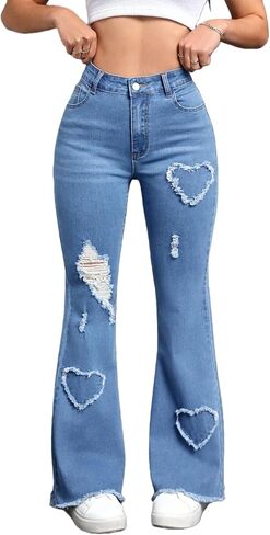 Women's High-Waist Stretch Flare Jeans with Heart-Shaped Distressed Details, Frayed Hem, Y2k Casual Style in Kuwait