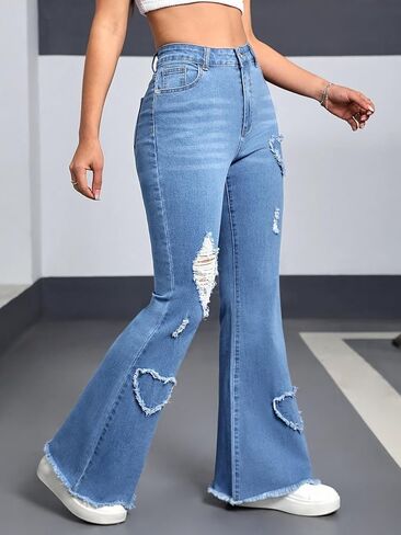 Women's High-Waist Stretch Flare Jeans with Heart-Shaped Distressed Details, Frayed Hem, Y2k Casual Style in Kuwait