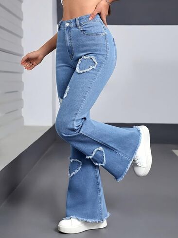 Women's High-Waist Stretch Flare Jeans with Heart-Shaped Distressed Details, Frayed Hem, Y2k Casual Style in Kuwait