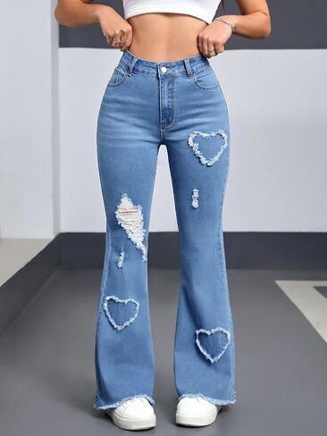 Women's High-Waist Stretch Flare Jeans with Heart-Shaped Distressed Details, Frayed Hem, Y2k Casual Style in Kuwait
