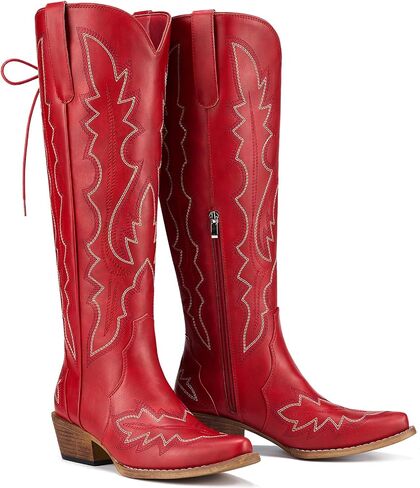 Rollda Cowboy Boots for Women Wide Calf, Lace Up Knee High Cowgirl Boots, Adjustable Womens Western Tall Boots Plus Size with Embroidery Snip Toe Chunky Heel Pull On in Saudi Arabia