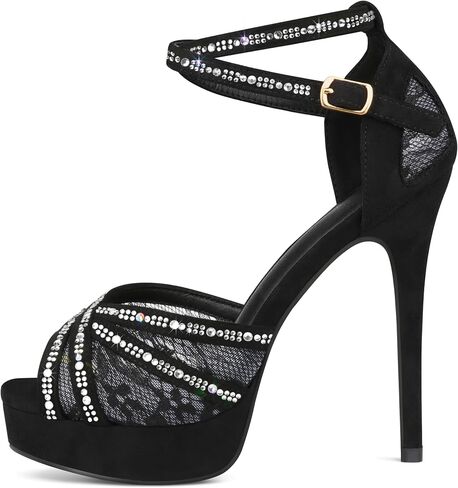 Women's Platform Heels Peep Toe Pumps Sexy Mesh Stilettos Sparkly Rhinestone High Heels Ankle Strap Shoes for Party Dance Prom in Kuwait