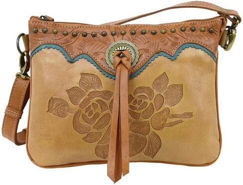 American West Hand Tooled Handcrafted 100% Genuine Leather Multi-Compartment Crossbody Bag for Women/Girls/Teens Texas Rose Collection Western (Natural Tan) in Saudi Arabia